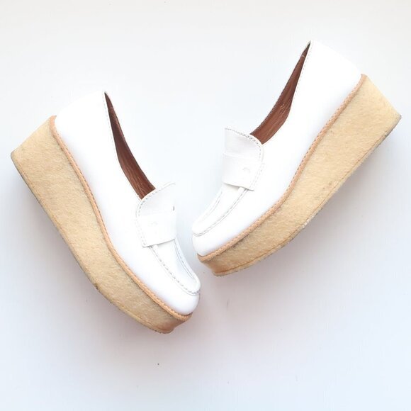 Tomas Maier White Leather Crepe Platform Wedge Heel Loafers Slip-on Shoes Size 6 - Picture 3 of 16